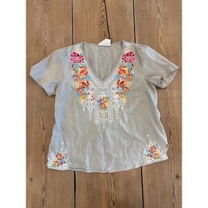 Savanna Jane Embroidered V Neck Tunic Top Cotton Beige Short Sleeve Boho L